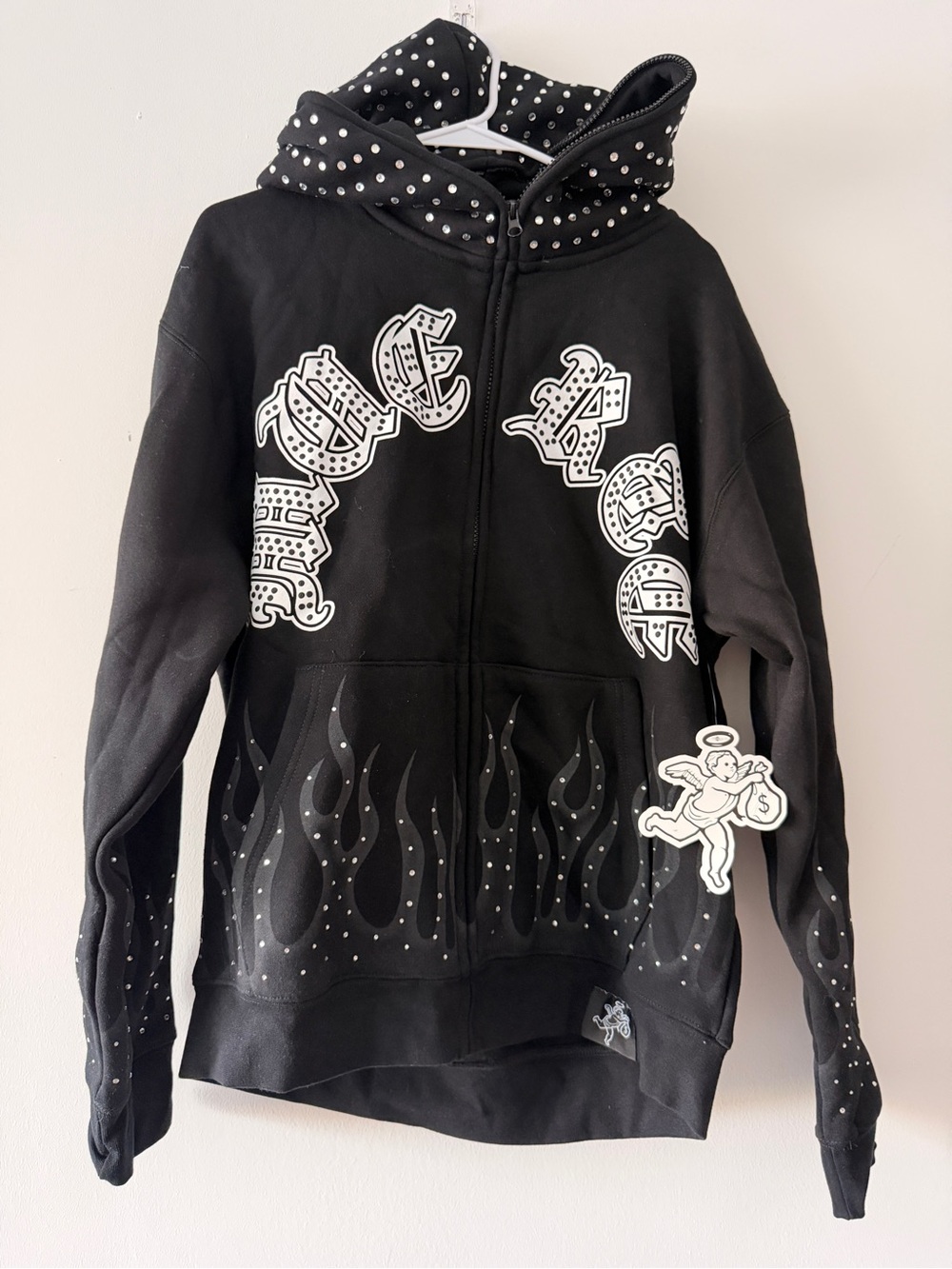 “Hasta Muerte”Men’s‎ Black Studded Flame ZipUp Velour Hoodie Graphic Patch Large